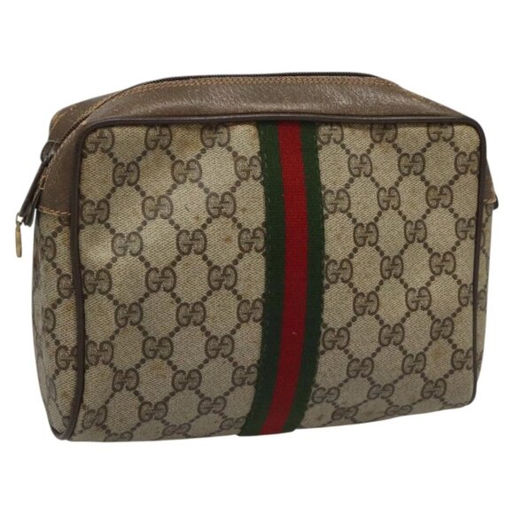 GUCCI GG Supreme Web Sherry Line Clutch Bag PVC Beige 89 01 012 Auth 112453 - Picture 1 of 16
